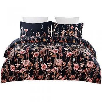 YEPINS Microfiber Duvet Cover Set, Zipper Closure, Floral Design, Black and Pink, Super King Size