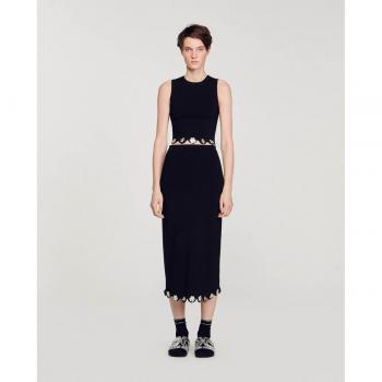 Sandro Black Scalloped Hem Floral Midi Skirt