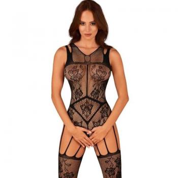Obsessive F239 Bodystocking Catsuit floral mit Cut-Out Rücken, Schwarz, S/M/L