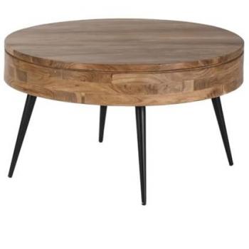 Table basse « Coffre‑Noir » 90 cm, bois d’acacia & métal