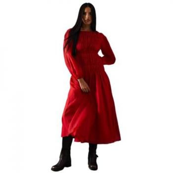 Elegant Dark Red Shirred Chiffon Midi Dress