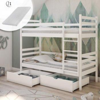 Lit superposé en bois blanc 90x200 avec 2 matelas et 2 tiroirs