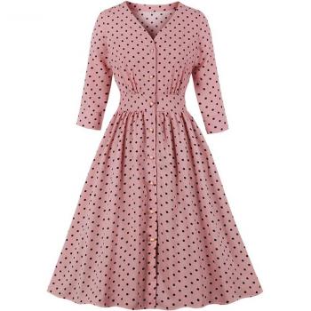 Vestido de Mujer Rosa con Lunares y Cintura Alta