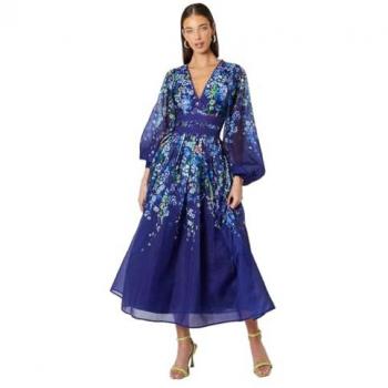 Coast Midaxi Dress – Navy Organza, Floral Placement, Lace Trim (Size 10)