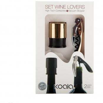 Koala España Set Amantes del Vino Cromado Oro (2 Piezas), 1 Tapón de Vacío para Vino, 1 Sacacorchos de Dos Tiempos