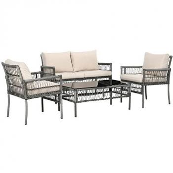 Ensemble Salon de Jardin 4 pièces Métal Résine Imitation Rotin avec 8 Coussins