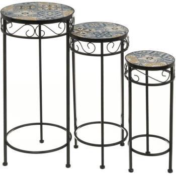 Set de 3 porte-plantes en métal noir et céramique bleue