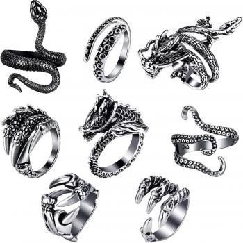 Langray 8‑Piezas Anillos Vintage con Dragón y Serpiente