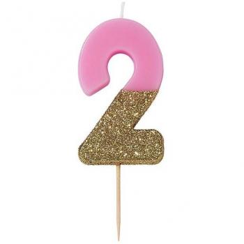 Candelina Compleanno Numero 2 Rosa e Oro