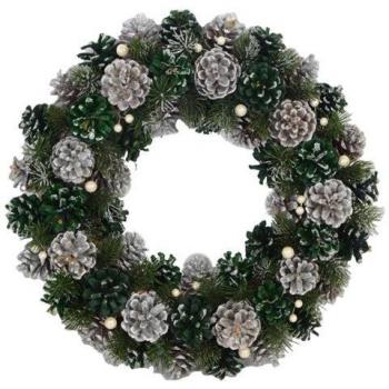 Coroncina Decorativa Argento e Verde con Pigne Naturali 30 cm