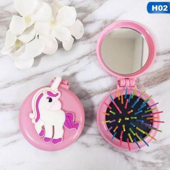 Cepillo de viaje unicornio con espejo, peine plegable y masajeador redondo, 1 unidad