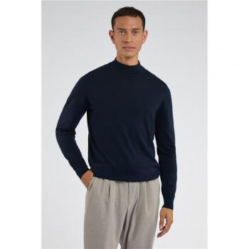 Navy Blue Merino Wool Mock Neck Sweater