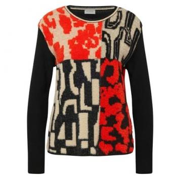 Strickpullover RABE Rabe Künstlerischer Patchwork-Pullover in Rot-Schwarz-Beige Gr. 48, orange, Damen, 55%Polyamid 37%Polyacryl 7%Wolle 1%Elastan, gemustert, Pullover