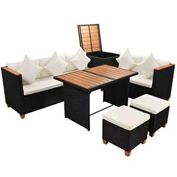 Set Divani da Giardino 7 pezzi in Polyrattan Nero con Cuscini