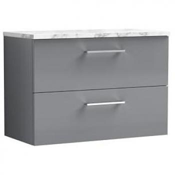 Arno Satin Grey 800mm Wall Hung Vanity Unit with Soft Close Drawers and Matt Carrera Marble Laminate Top