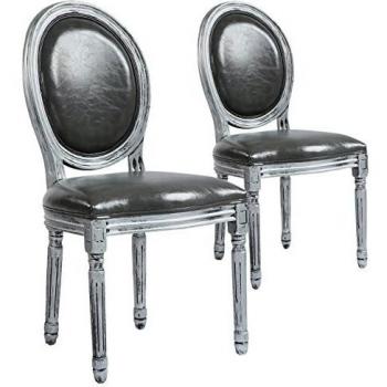 Menzzo Lot de 2 chaises Louis XVI Simili Bois patiné Argent