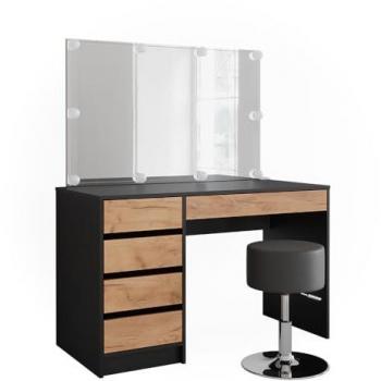 Coiffeuse Sherry – Design anthracite et chêne doré, 120×75 cm avec éclairage LED et tabouret Vicco
