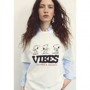 Stradivarius Peanuts Design Cotton T‑Top, Ecru, S