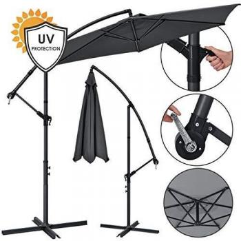 Ampelschirm Brazil 300 cm mit LED-Beleuchtung Solar Kurbel UV-Schutz wasserabweisend knickbar grau