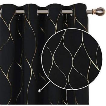 Deconovo Blackout Curtains, Eyelet Curtains, Gold Wave Foil Printed Curtains Thermal Insulated for Bedroom, 66 x 54 Inch
