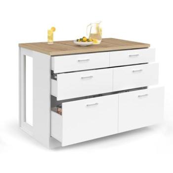Ilot central mange-debout ORSO 120 cm, rangement à 6 tiroirs, couleur blanche et plateau en bois