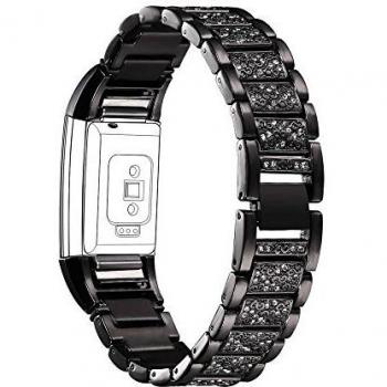 Bandmax Wrist Strap für Fitbit Charge 2 – Schwarz, Kristall‑Metall Ersatz