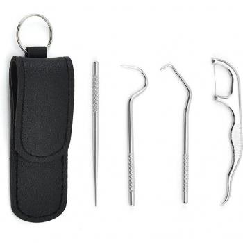 Kit de soins buccaux portables, 4 cure-dents en acier inoxydable