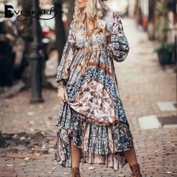 Everkaki Floral Boho Ruffle Dress for Women