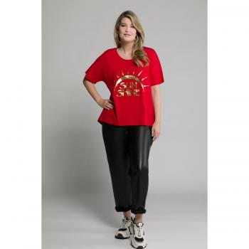 T-shirt oversize rossa con grafica sole, scollo a girocollo, mezze maniche, taglia 56/58, cotone