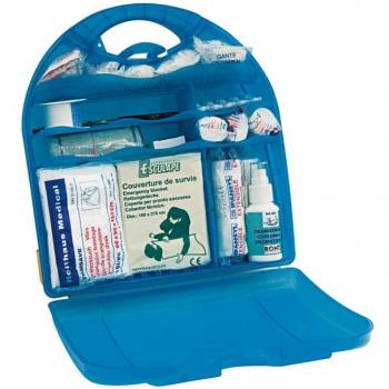 Trousse de secours multi-activités avec support mural conforme à la médecine du travail