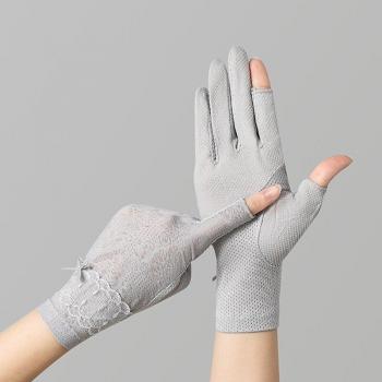 Guantes Anti-UV de seda helada para mujer, con lazo, finos, cortos, de medio dedo, encaje y pantalla táctil, S100