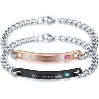 Stainless Steel His Queen Her King Couple ID Bracelets and Necklace
