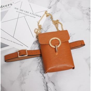 EAM Faux Leather Circle Mini Bag with Metal Chain and Long Strap for Women