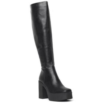 Lamoda Women's Slick Nicks Wide Calf Platform Knee High Boots (Black, PU, Wide) – Size 4