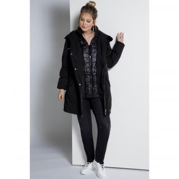 Parka nero impermeabile con inserto trapuntato, Donna, Taglia 60/62, Fibre sintetiche/Poliestere