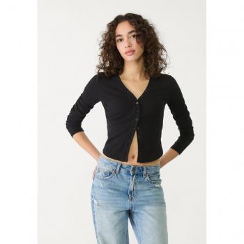 Stradivarius Long Sleeve Button-Up in Black, L