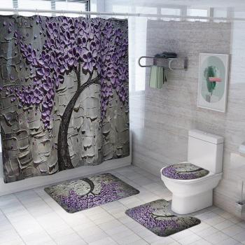 4Pcs Non-slip Floral Bath Mat and Shower Curtain Set