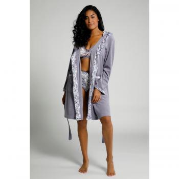 Accappatoio floreale con cappuccio e cintura, Donna, Grigio, Taglia 60/62, Cotone/Poliestere