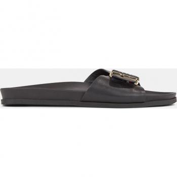 Pantoletten Tommy Hilfiger Th Hardware Leder Flache Sandalen FW0FW07940 Schwarz
