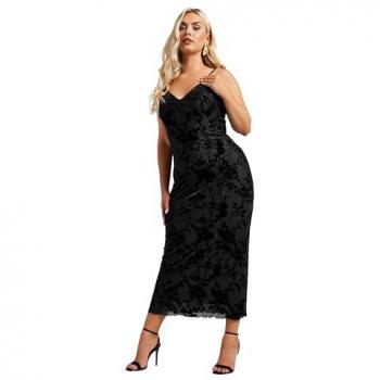Yours Curve – Floral Velours Midaxi Kleid in Schwarz