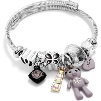 Pink Bear Pendant Stainless Steel Women's Cuff Bracelet