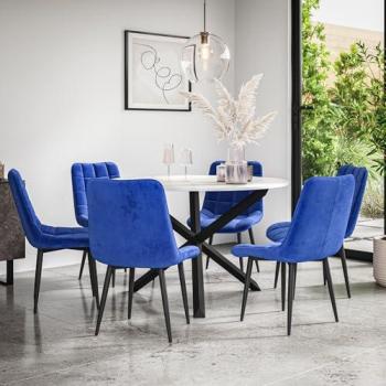 Marble & Oak Round Table Set – 6 Blue Velvet Chairs (Malvern)