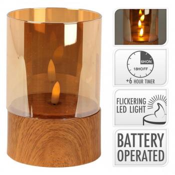 LED svíčka ve skle Amber, průměr 10 x 15 cm, blikající plamen, časovač, imitace dřeva/jantarové sklo