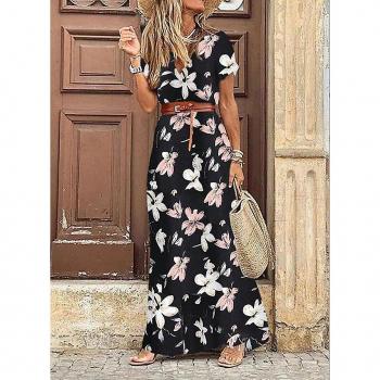 V‑col maxi robe d’été – Femmes, motif florale noir, disponible jusqu’au XL