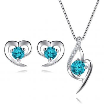 Parure de Bijoux en Argent 925 avec Collier, Pendentif Coeur et Boucles d'oreilles en Zirconium cubique (Blue)
