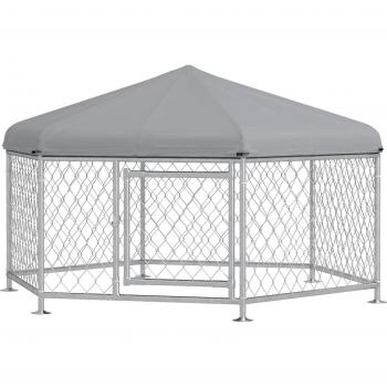 PAWHUT Recinto Per Cani Taglia Media Con Tetto In Tessuto Oxford Anti Uv, 2.1x1.85x1.2m, Argento E Grigio