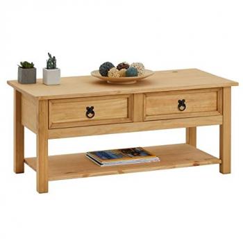Table basse TEQUILA en pin massif teinté, style mexicain avec 2 tiroirs et étagère inférieure