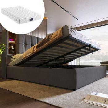 Cama Dormitorio Doble con Cabecero de Almacenamiento y USB-C