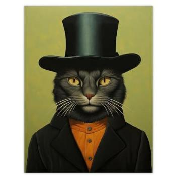 18×24 Green & Black Top Hat Cat Matte Paper Print