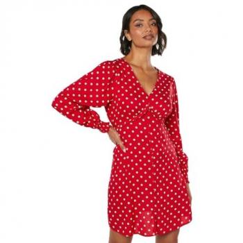 Women's Red Polka Dot Button Front Mini Dress
